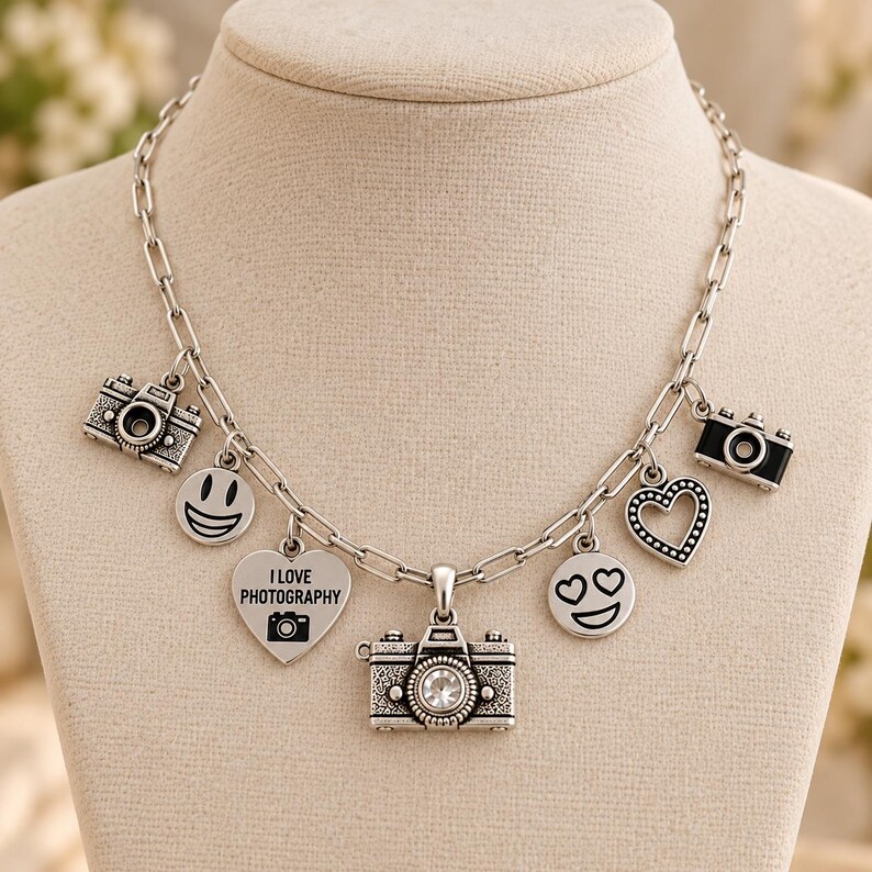 I Love Photography Multi Charm Link Necklace, Silver - 20 inch - - LadybugfeetDesigns -
