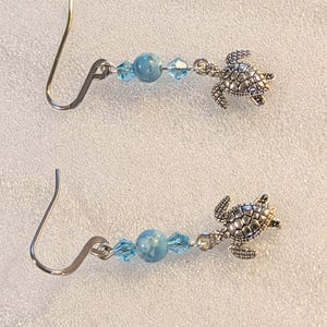 Sea Turtle Larimar Beaded Hook Earrings, Silver - - LadybugfeetDesigns -
