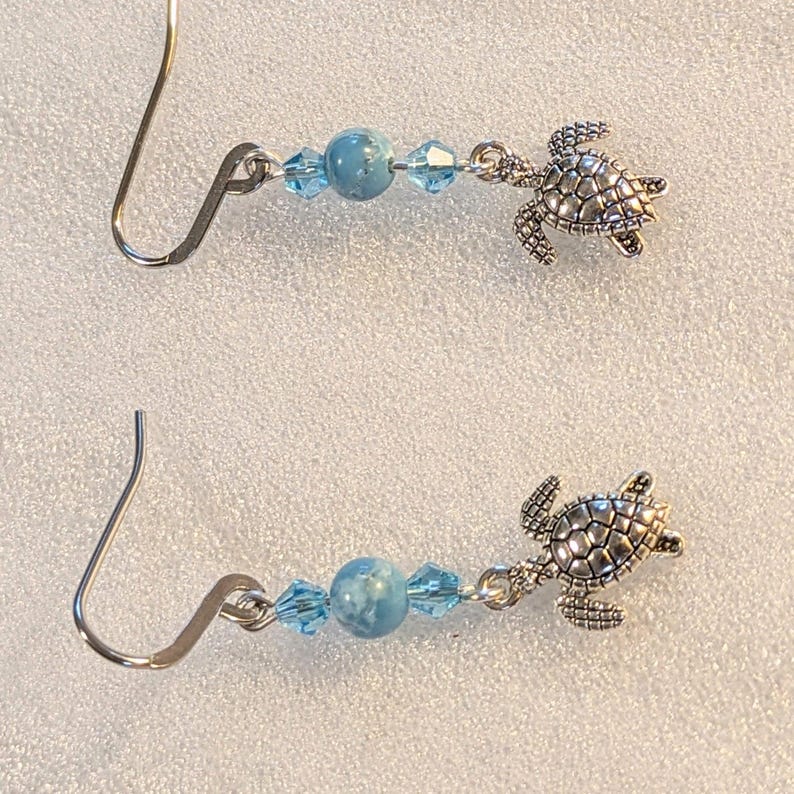 Sea Turtle Larimar Beaded Hook Earrings, Silver - - LadybugfeetDesigns -