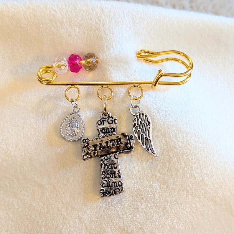 Faith Safety Pin Brooch, Purse Charm - - LadybugfeetDesigns -