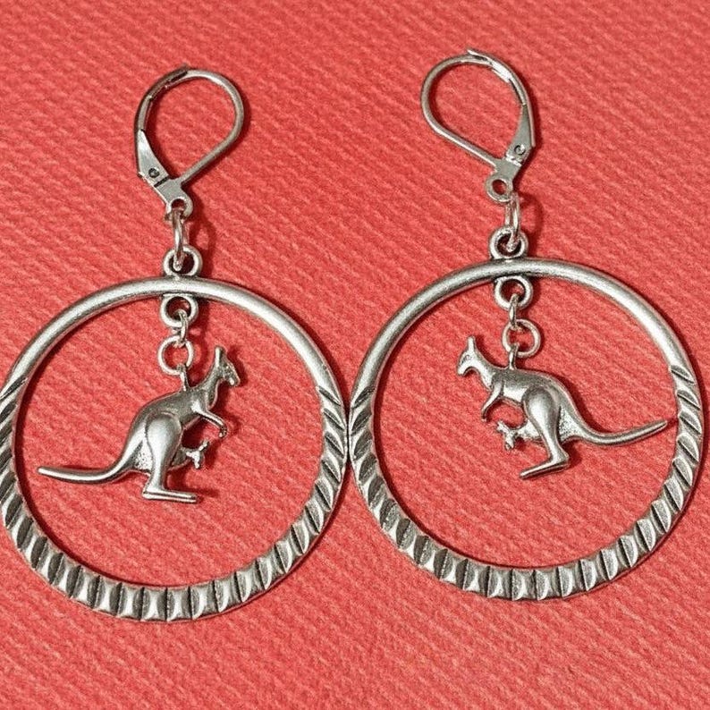 Kangaroo Mama & Joey Leverback Hook Earrings - - LadybugfeetDesigns -