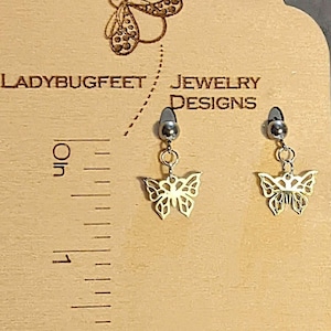Butterfly Charm Drop Stud Earrings-Silver - - LadybugfeetDesigns -