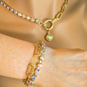 Gold Paperclip Layered Faceted Crystal Bracelet - - LadybugfeetDesigns -