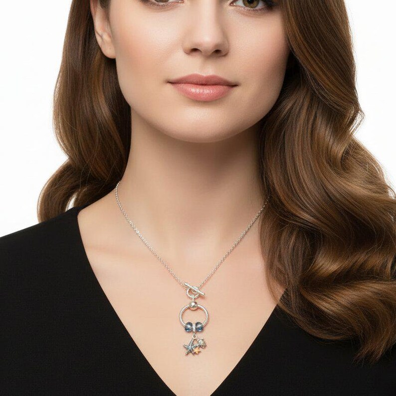 Sea Life Sterling Silver Toggle Charm Necklace, 20 inches - - LadybugfeetDesigns -