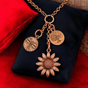 Sunflower Copper Charm Keeper Necklace, 18-24 inch - - LadybugfeetDesigns -