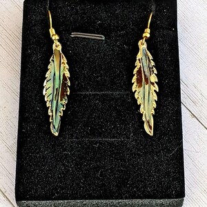 Abalone Feather dangle earrings, Gold - - LadybugfeetDesigns -