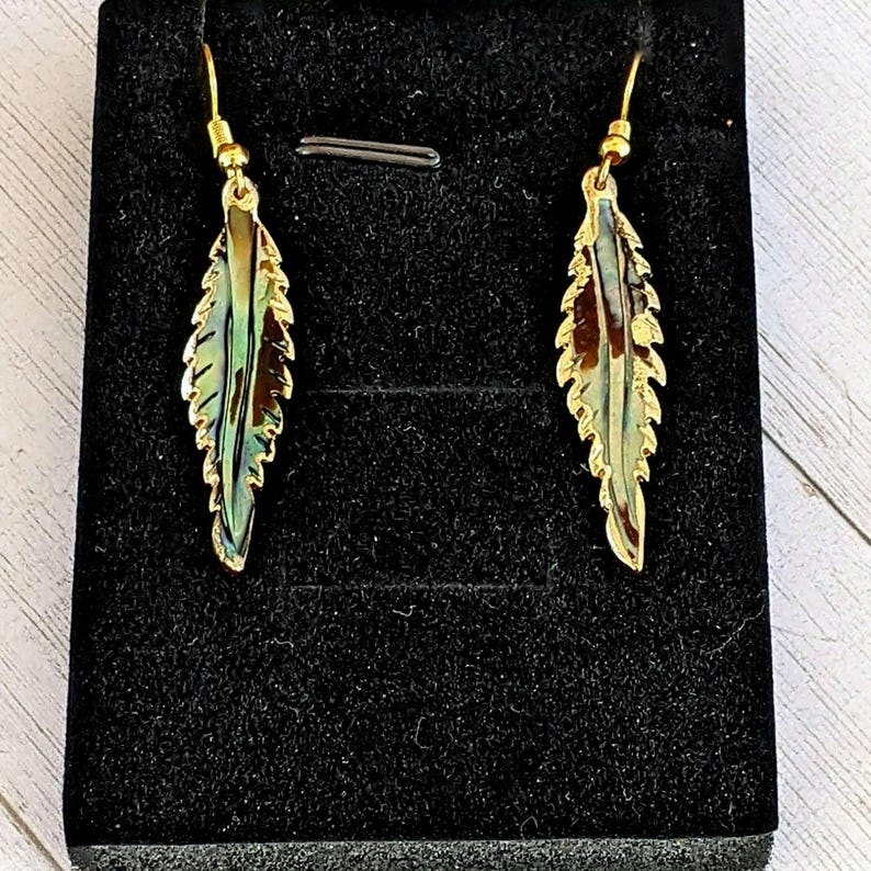 Abalone Feather dangle earrings, Gold - - LadybugfeetDesigns -