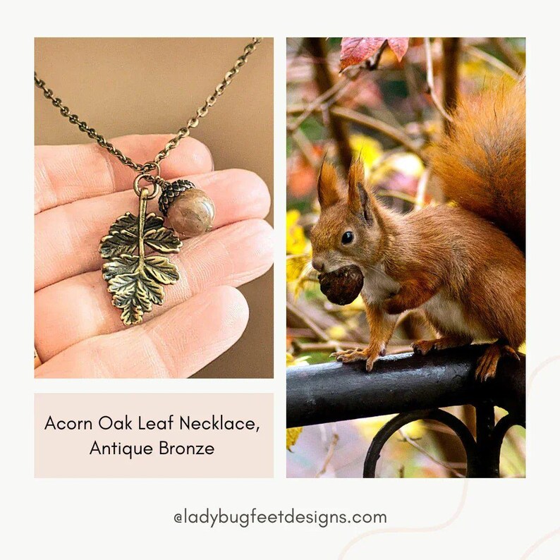 Acorn Oak Leaf Necklace, Antique Bronze - - LadybugfeetDesigns -