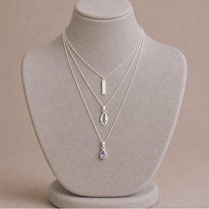 Silver Bar Amethyst Initial Leaf Layered Necklace Set, Silver - - LadybugfeetDesigns -