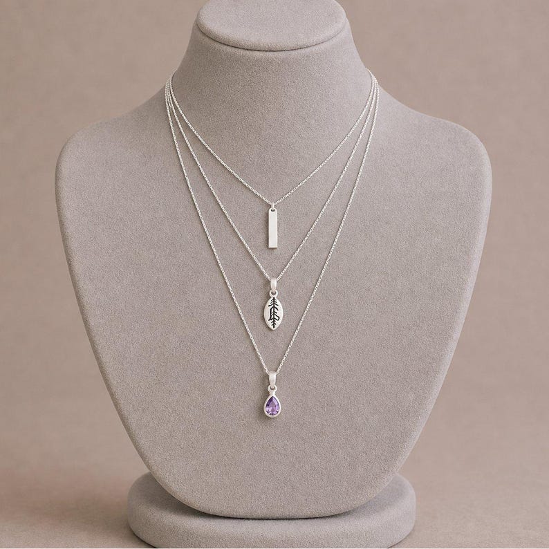 Silver Bar Amethyst Initial Leaf Layered Necklace Set, Silver - - LadybugfeetDesigns -