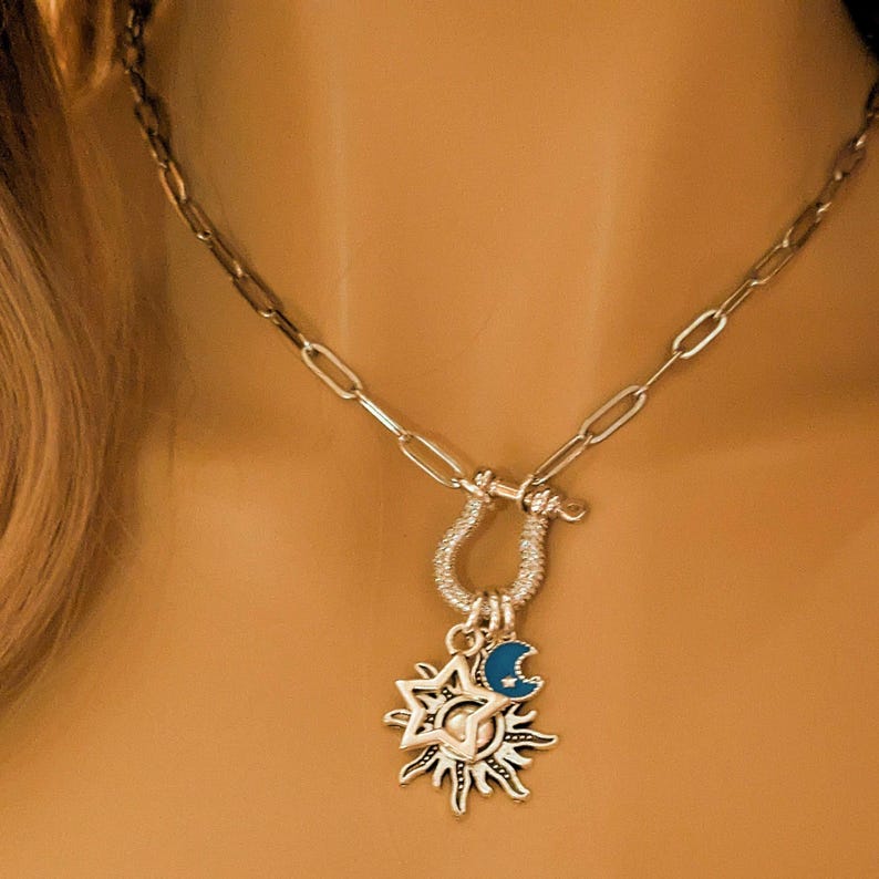 Fiery Sun, Blue Moon and Star Shackle Clasp Carabiner Necklace, Silver - 20 inch - - LadybugfeetDesigns -