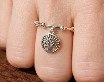 Tree of Life Adjustable Charm Ring, Silver