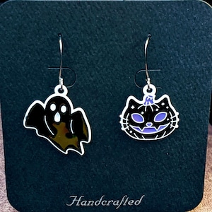 Mismatched Ghost/Cat Halloween Earrings VIII - - LadybugfeetDesigns -