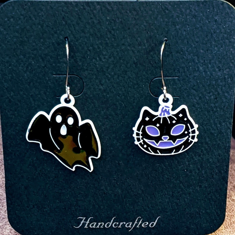 Mismatched Ghost/Cat Halloween Earrings VIII - - LadybugfeetDesigns -