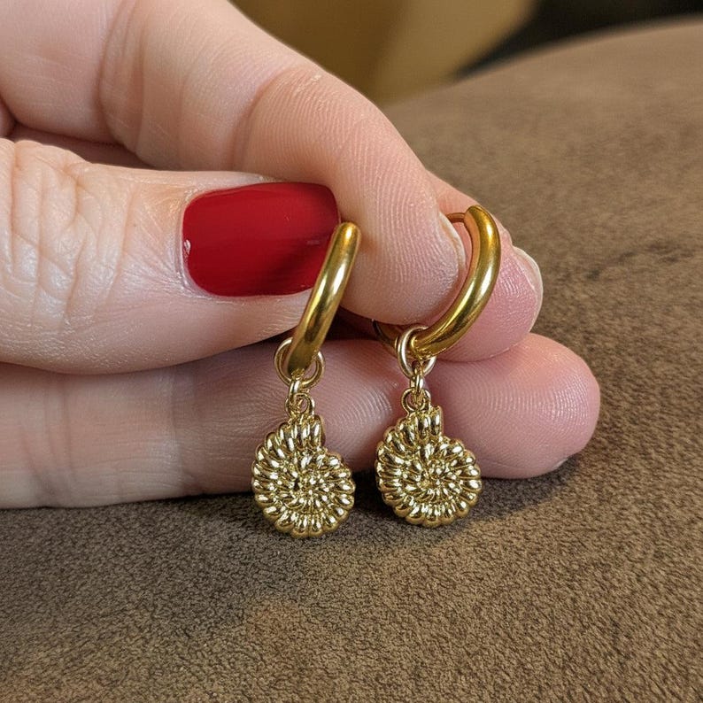 Sea Shell Hoop Earrings, Gold - 10 mm - - LadybugfeetDesigns -
