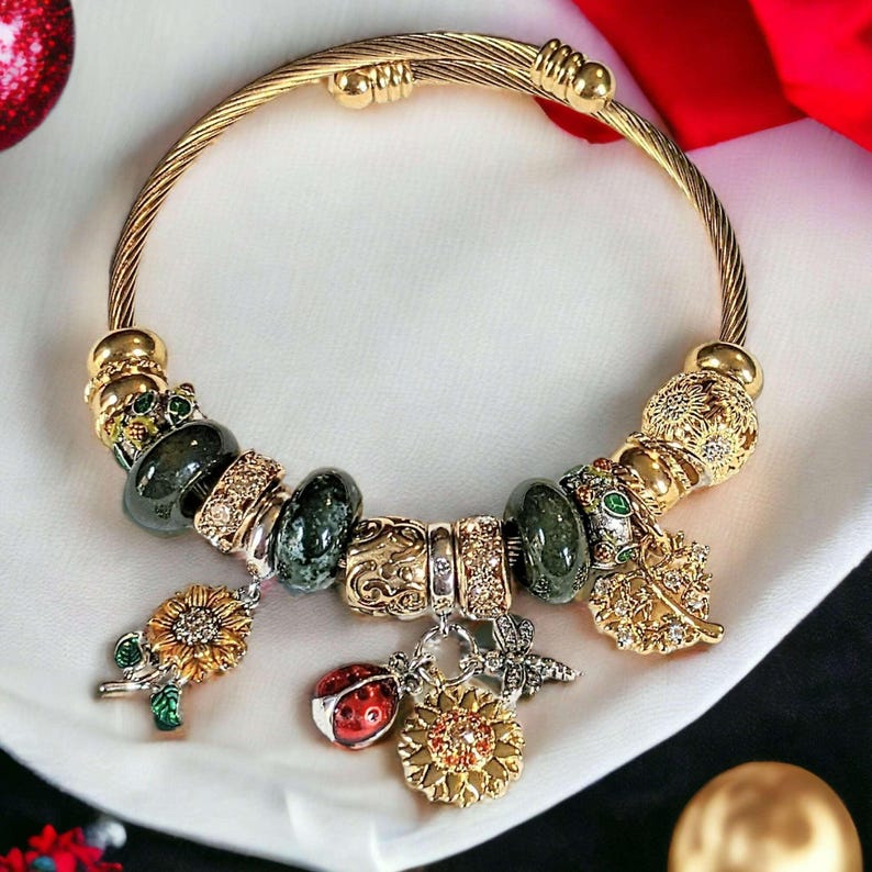 Garden Party Euro Cuff Wrap Bracelet, Gold - - LadybugfeetDesigns -