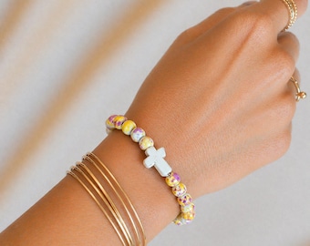 Yellow Fuchsia Beaded Cross Stretch bracelet
