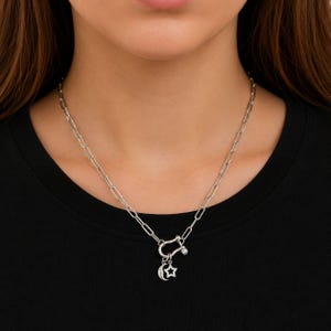 Celestial Moon CZ Star Shackle Clasp Carabiner Necklace, Silver - 20 inch - - LadybugfeetDesigns -