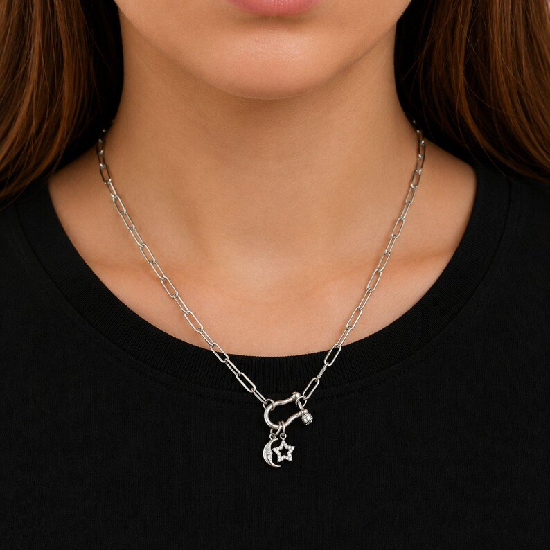 Celestial Moon CZ Star Shackle Clasp Carabiner Necklace, Silver - 20 inch - - LadybugfeetDesigns -