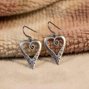 Large Fancy Heart Hook Earrings, Silver - - LadybugfeetDesigns -