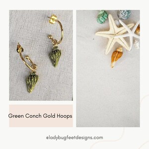 Sea Green Conch Seashell gold hoop earrings, Hoop Drop, 16mm - - LadybugfeetDesigns -