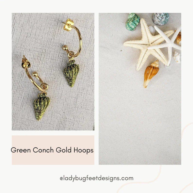 Sea Green Conch Seashell gold hoop earrings, Hoop Drop, 16mm - - LadybugfeetDesigns -