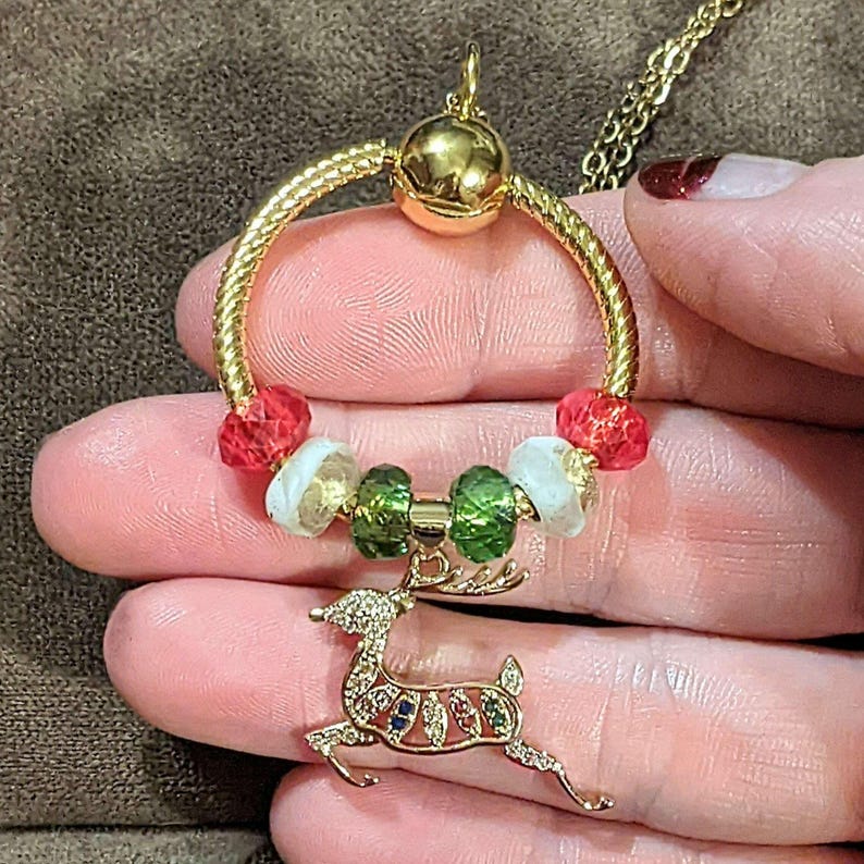 Gold Reindeer Charm Keeper Necklace, Approx. 26 inches - - LadybugfeetDesigns -