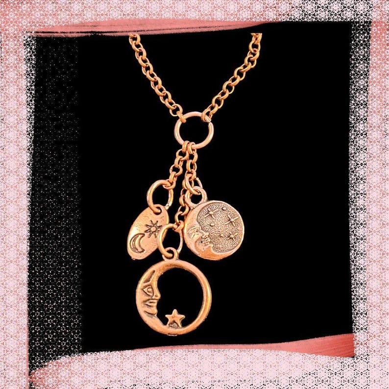 Crescent Moon Copper Charm Keeper Necklace, 18-24 inch - - LadybugfeetDesigns -