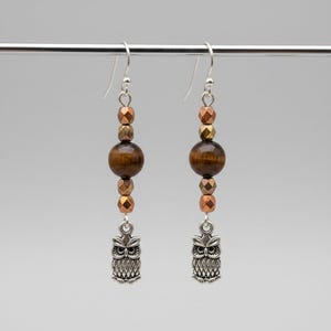 Owl Tiger's Eye Beaded Hook Earrings, Silver - - LadybugfeetDesigns -