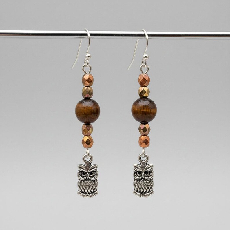 Owl Tiger's Eye Beaded Hook Earrings, Silver - - LadybugfeetDesigns -