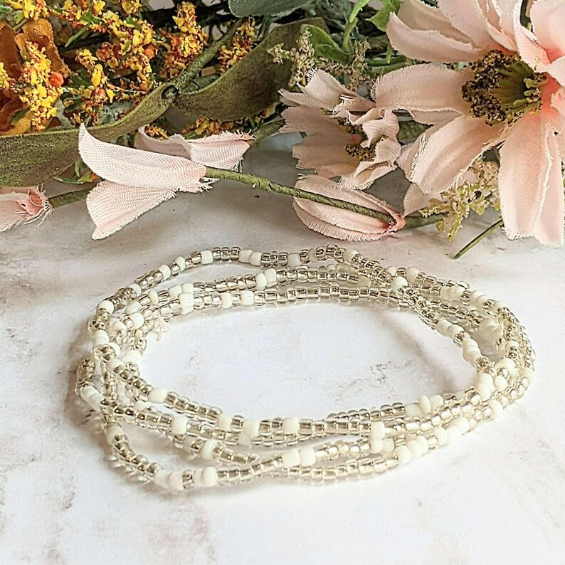 Beaded Stretch Cord Anklet-Clear Breeze - - LadybugfeetDesigns -