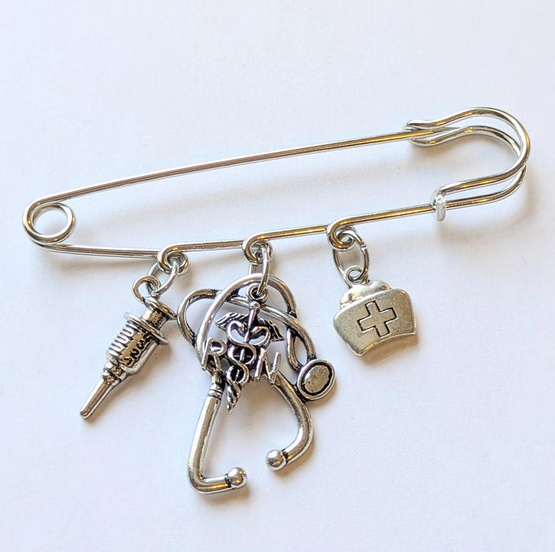 RN - Registered Nurse Safety Pin Brooch, Purse Charm - - LadybugfeetDesigns -