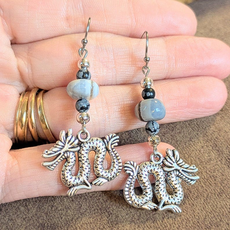 Dragon Boulder Opal Beaded Hook Earrings, Silver - - LadybugfeetDesigns -