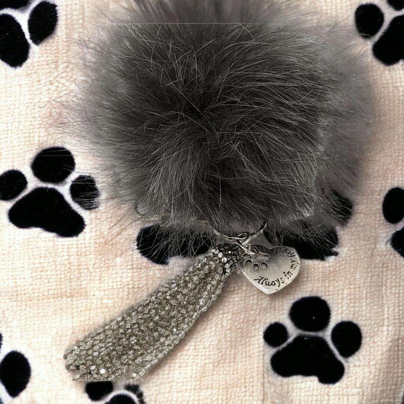 Always in My Heart Keychain/ Faux Fur Pom Pom and charm Key Chain-Purse Charm/Journal Charm - - LadybugfeetDesigns -