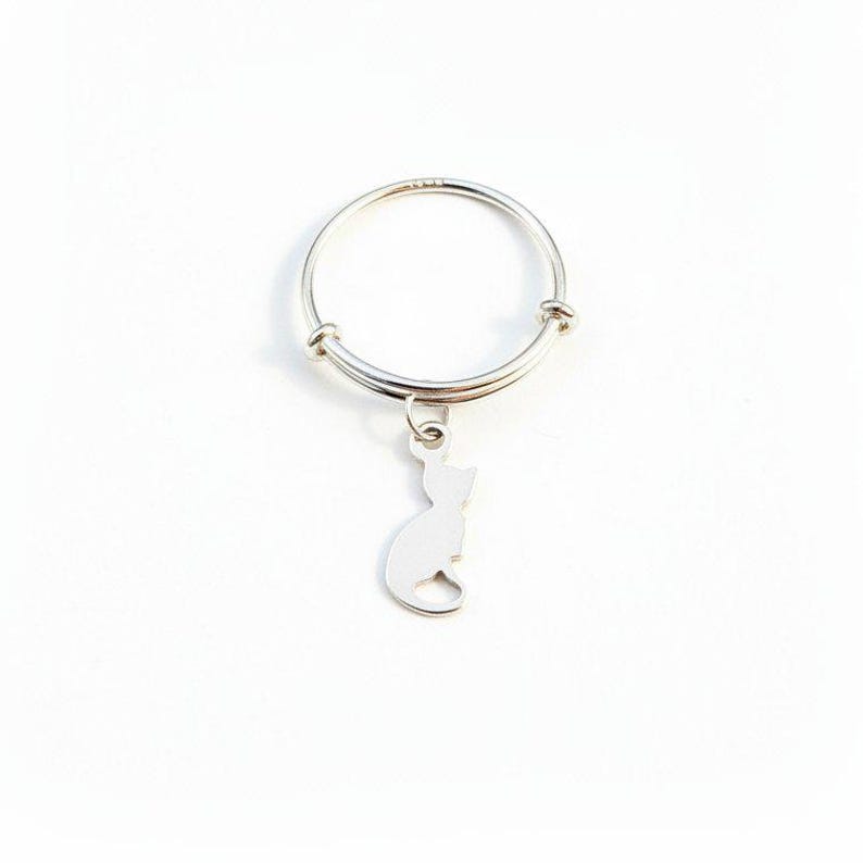 Kitten Adjustable Charm Ring, Silver - - LadybugfeetDesigns -