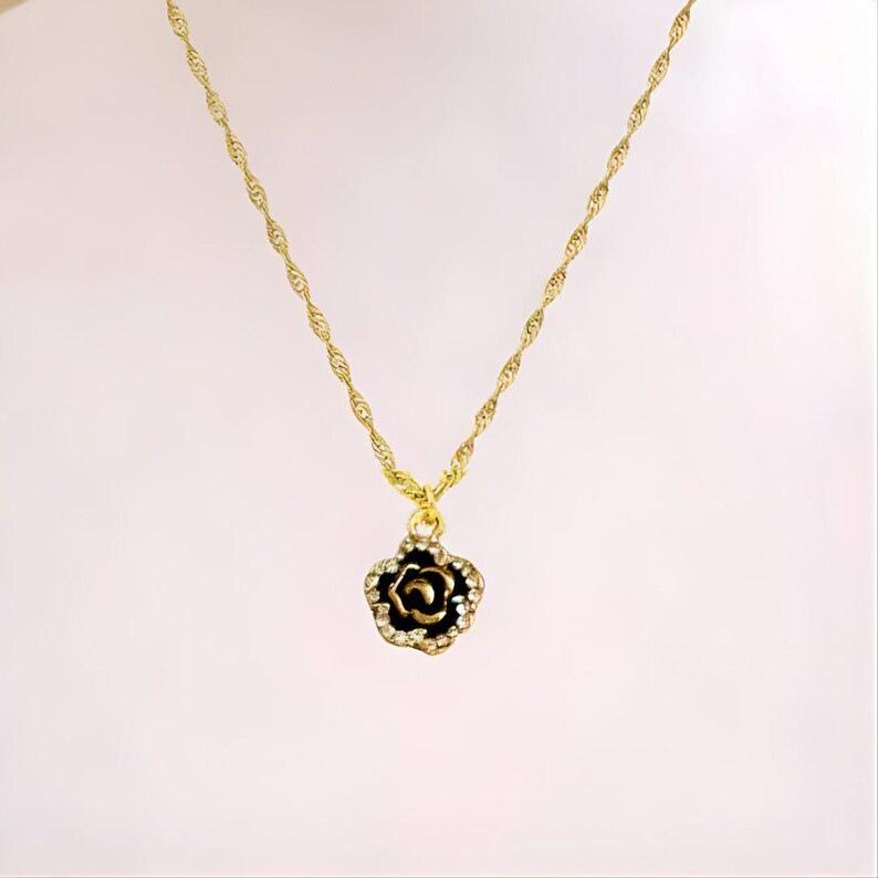 Sparkly Black Rose necklace, Gold- 20 inch - - LadybugfeetDesigns -