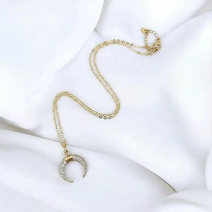 Downward Crescent Moon Necklace, Crescent Horn Necklace, Gold - - LadybugfeetDesigns -