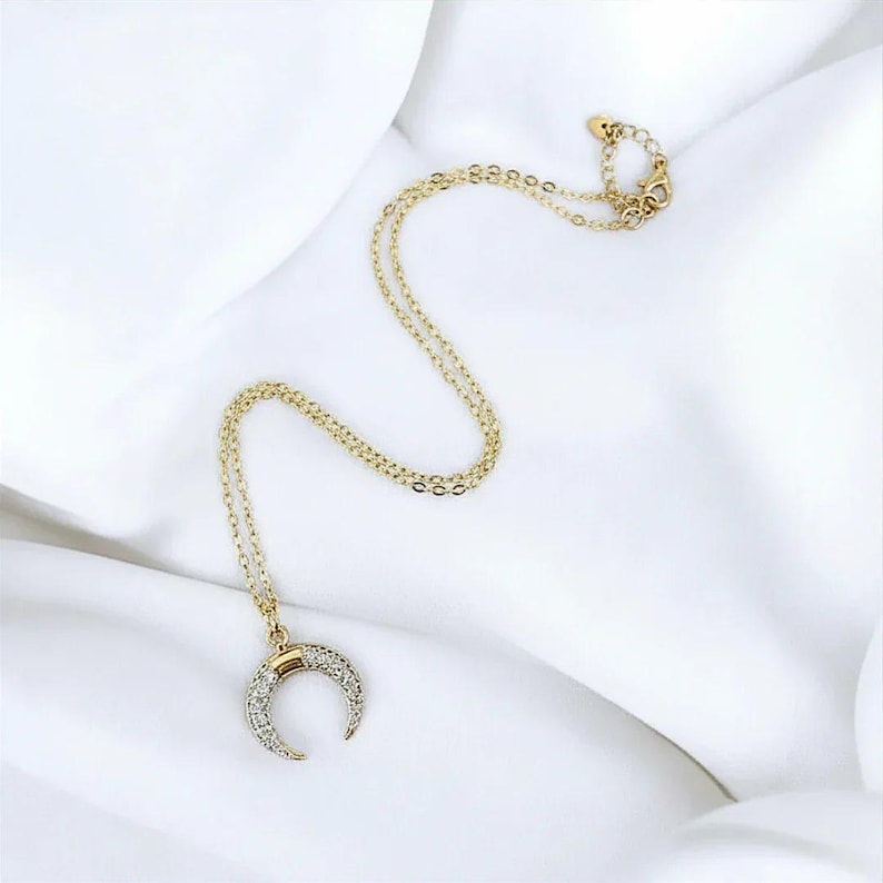 Downward Crescent Moon Necklace, Crescent Horn Necklace, Gold - - LadybugfeetDesigns -