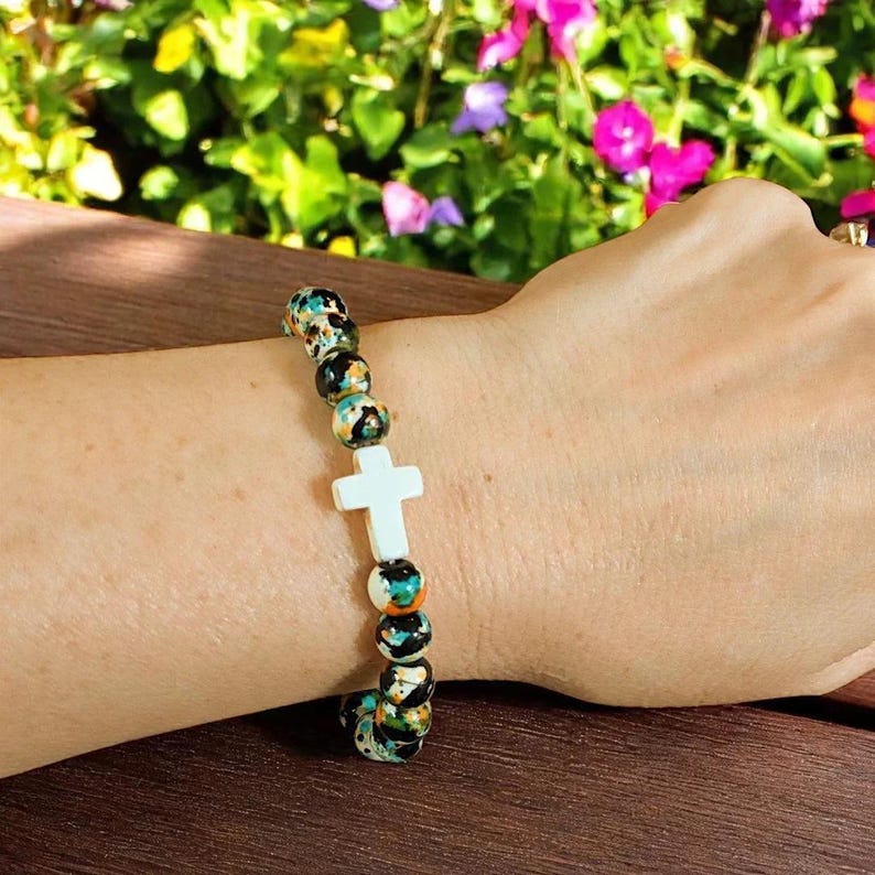 Orange Black Ivory Beaded Cross Stretch bracelet - - LadybugfeetDesigns -