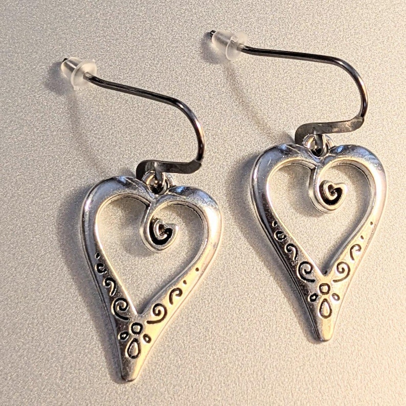 Large Fancy Heart Hook Earrings, Silver - - LadybugfeetDesigns -