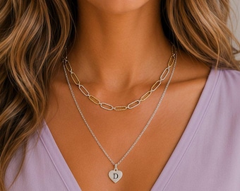 Two-Tone Paperclip & Initial Necklace Set