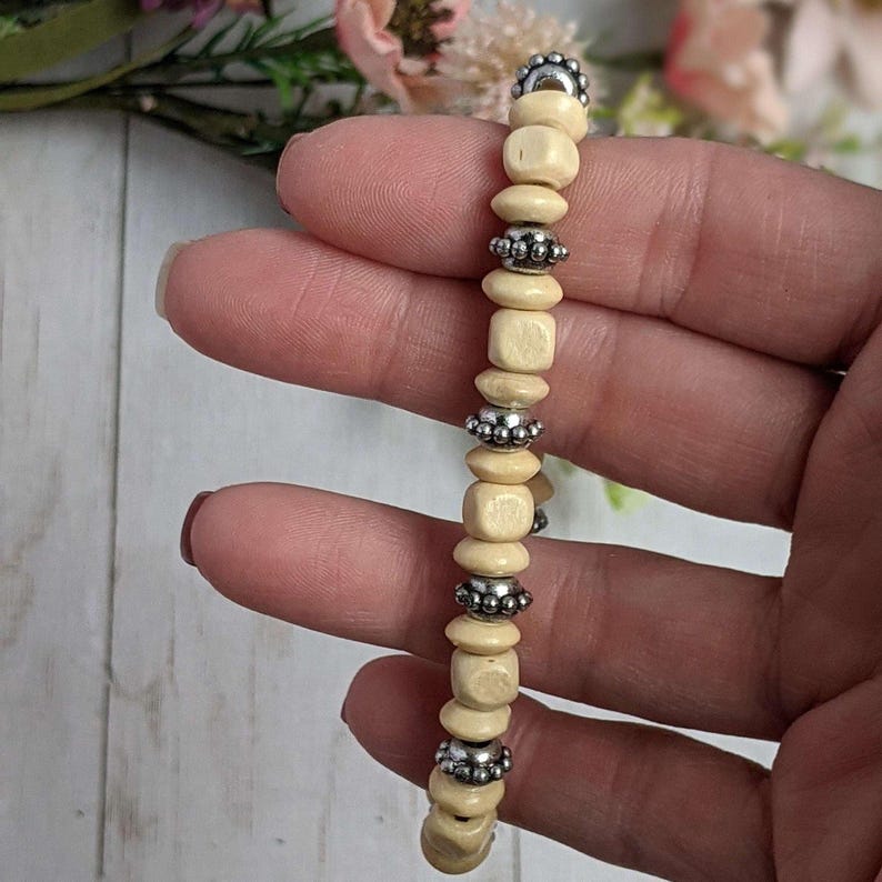 Silver Spacer & Ivory Wood Bead Stretch bracelet - Unisex - - LadybugfeetDesigns -