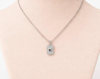 CZ Heart Tag Necklace, Silver - 20 inch