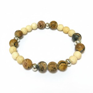 Cream Lava and Wood Bead Unisex Stretch bracelet - - LadybugfeetDesigns -