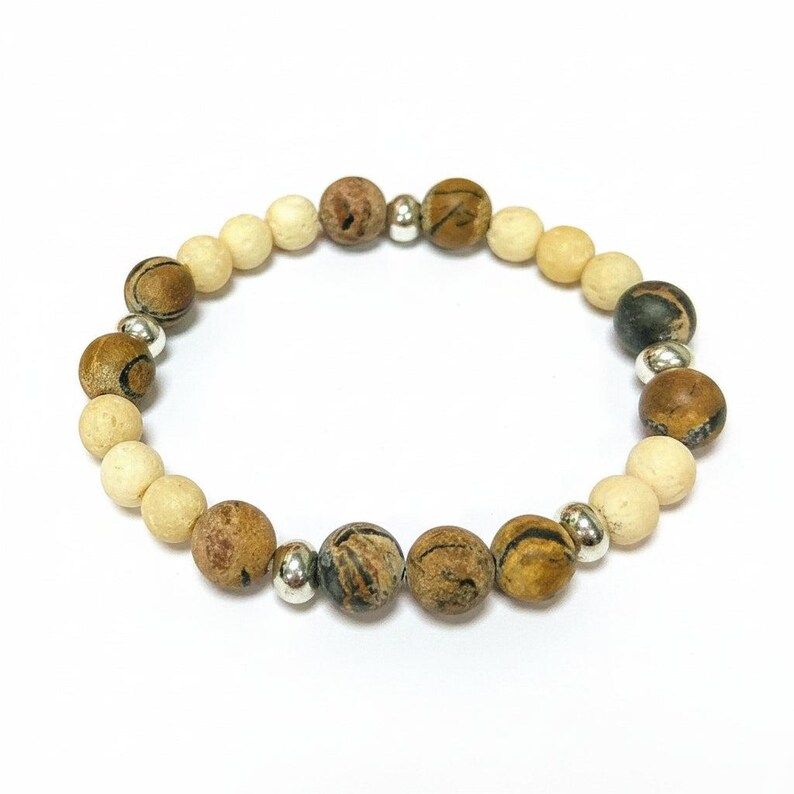 Cream Lava and Wood Bead Unisex Stretch bracelet - - LadybugfeetDesigns -