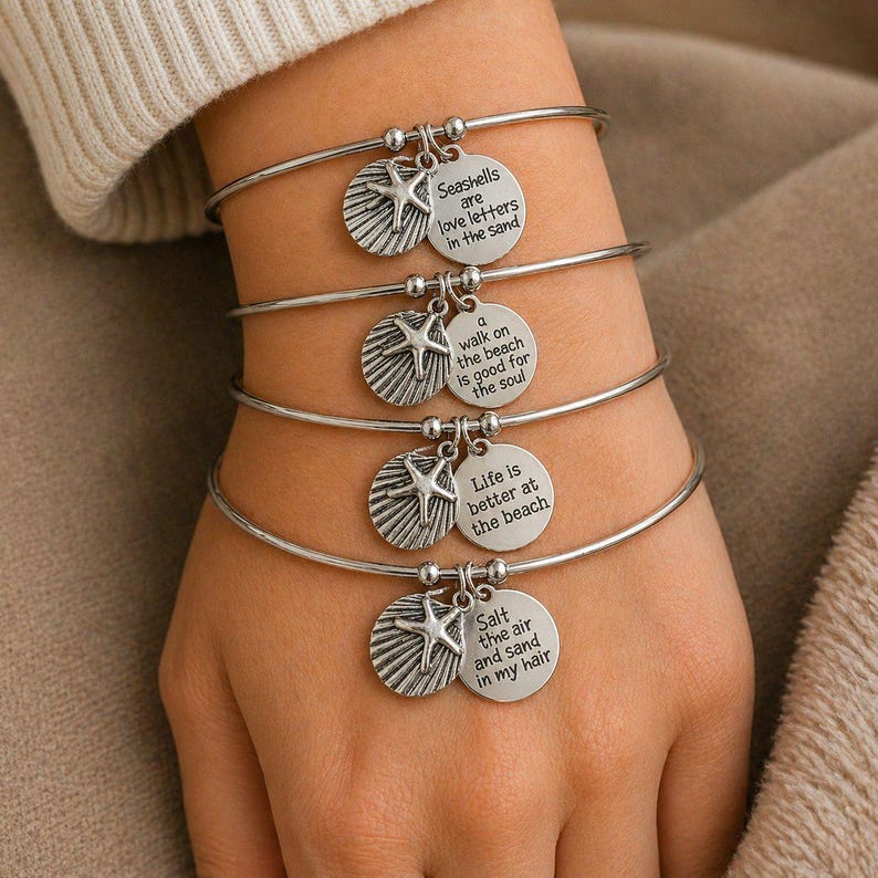 Life is Better at the Beach Euro Bangle Cuff, Silver - - LadybugfeetDesigns -