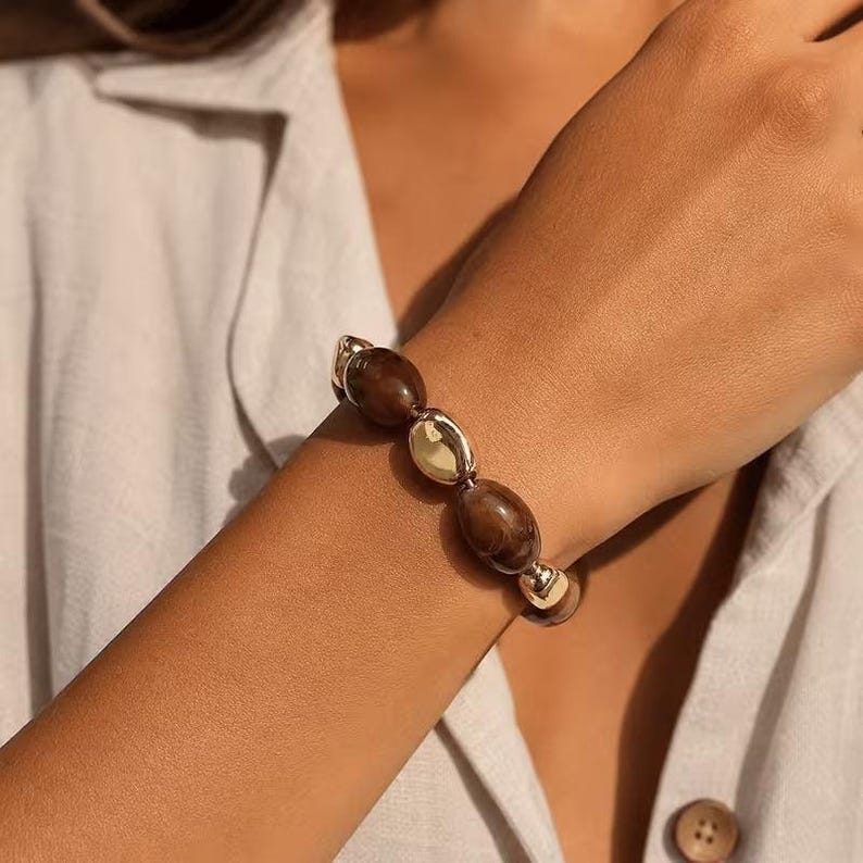 Amber and Gold Chunky Bead Bracelet - - LadybugfeetDesigns -