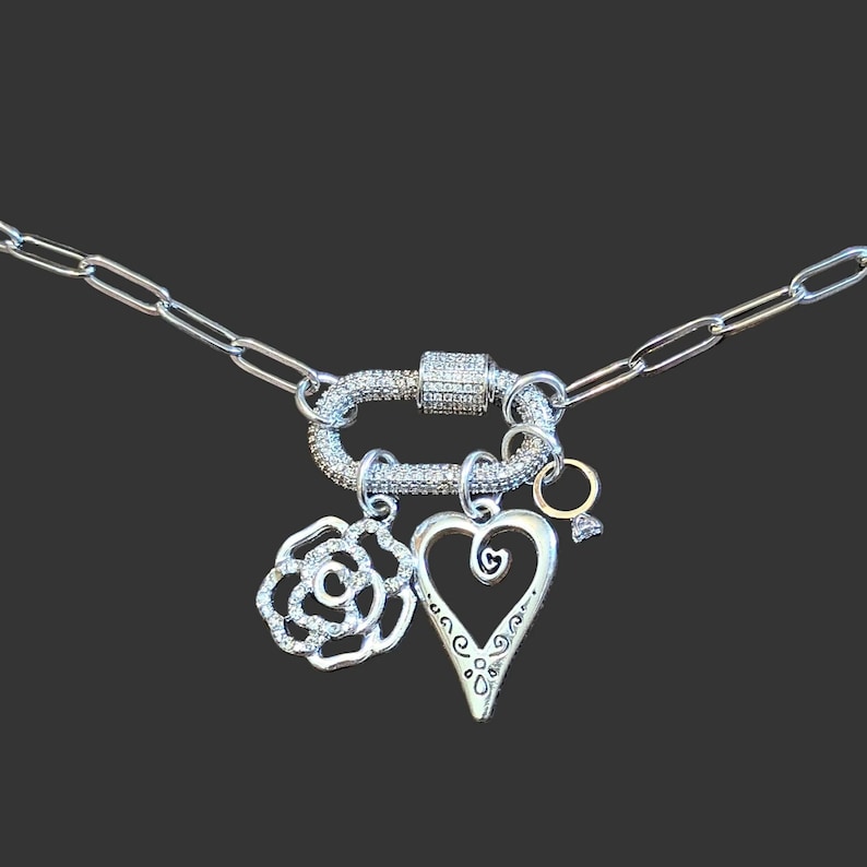 Romantic Rose, Heart, Diamond Ring Carabiner Necklace, Silver - Adjusts up to 20 inches - - LadybugfeetDesigns -