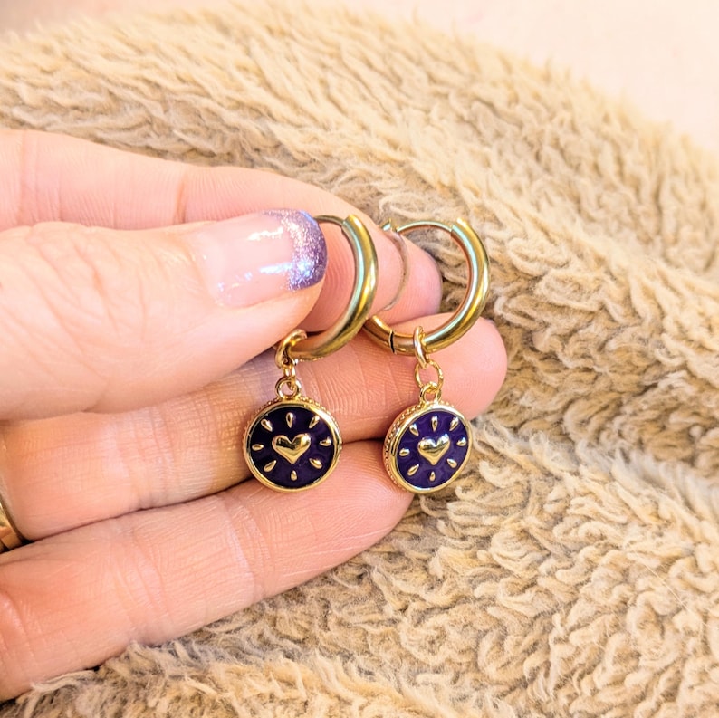 Blue Circle Heart Hoop earrings, Gold - 12mm - - LadybugfeetDesigns -