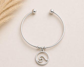 Ocean Wave Euro Bangle Cuff, Silver